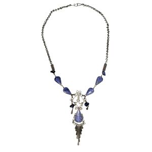 Vintage Artisan Blue Sodalite Teardrop Silvertone Dangle Statement Necklace